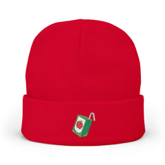 Embroidered Juice Box Knit Beanie — Cute Retro Beverage Patch Winter Hat