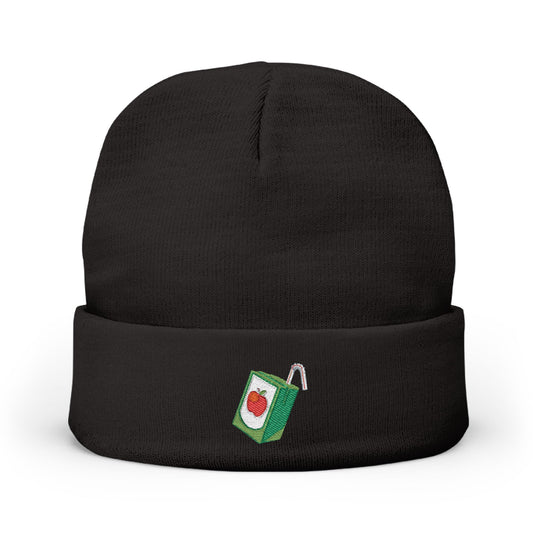 Embroidered Juice Box Knit Beanie — Cute Retro Beverage Patch Winter Hat